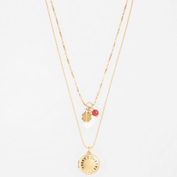 Madewell Engraved Locket Necklace Set Double Strand Layers Pendant Charms Gold - Picture 1 of 8